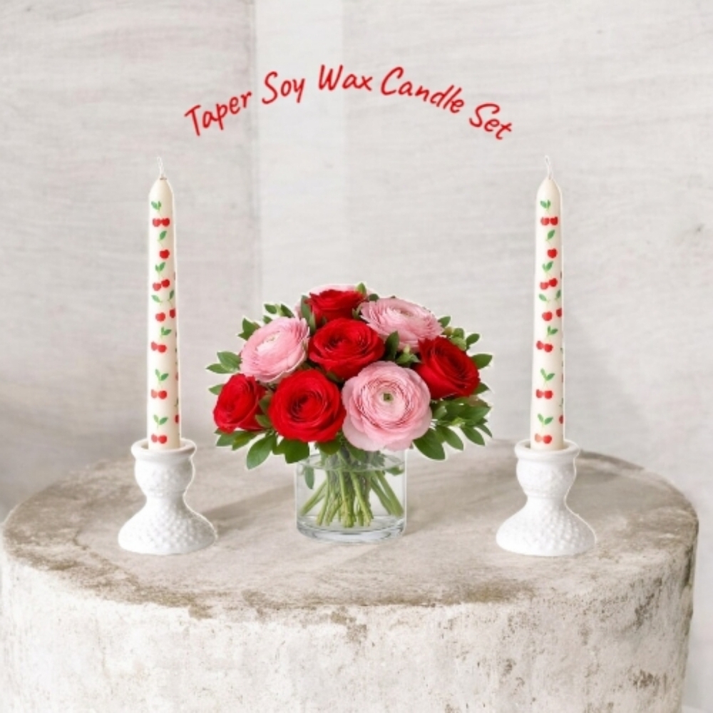 Nwt Cherry Design Taper Candles - White with Red and Green Accents - Picture 2 of 3